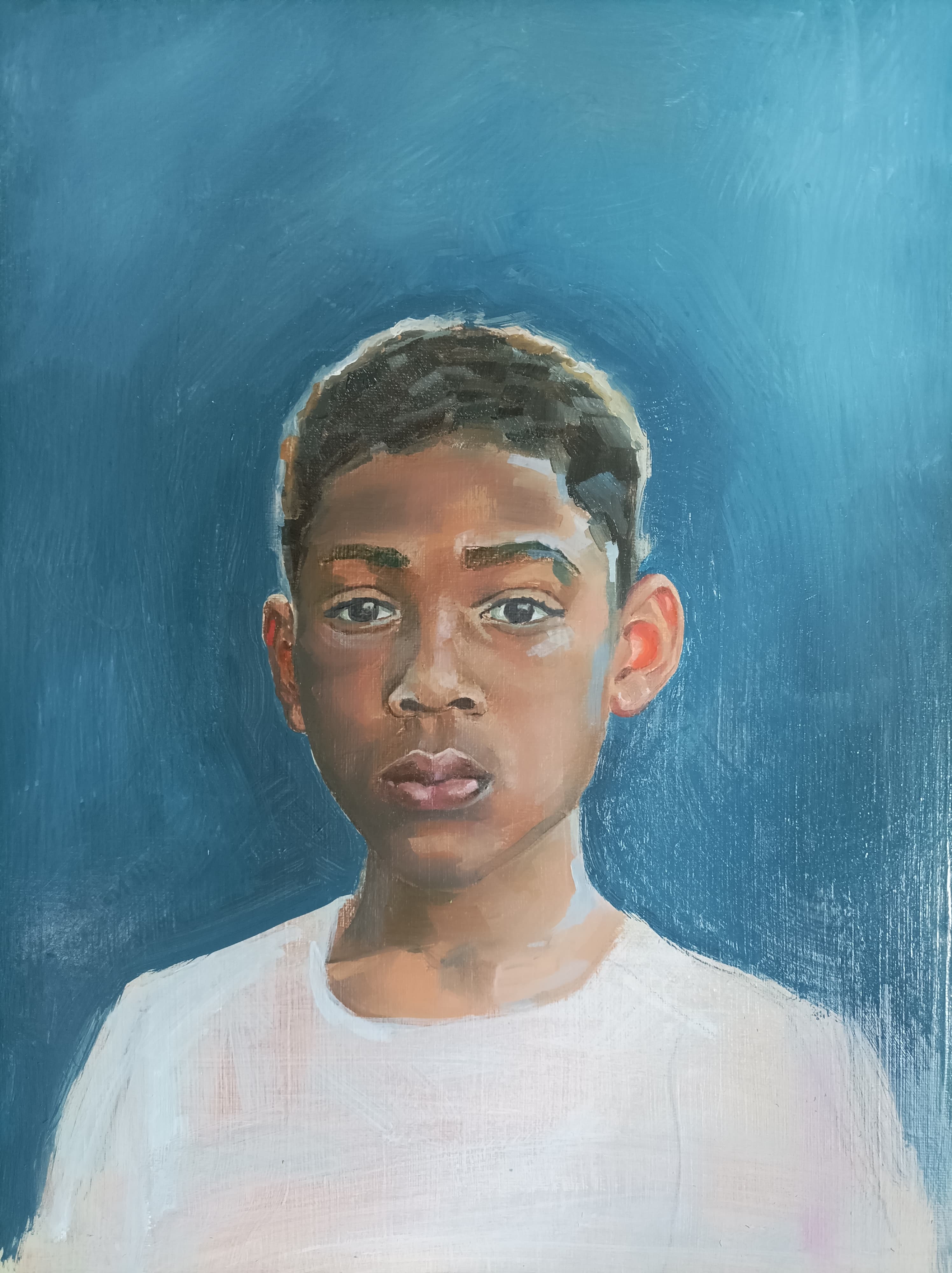 Boy in blue, oil on board