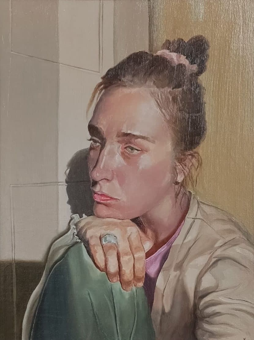 Chin on hand, oil on board